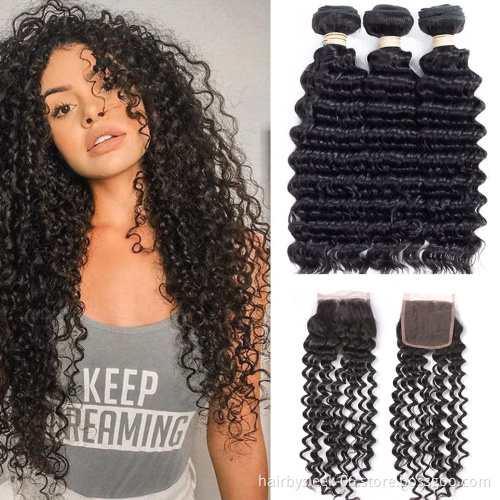 Rebecca 3 Bundles Deep Curly Transparent Lace Closure With Bundles Brazilian Deep Wave Hair Bundles With Closure Remy Human Hair